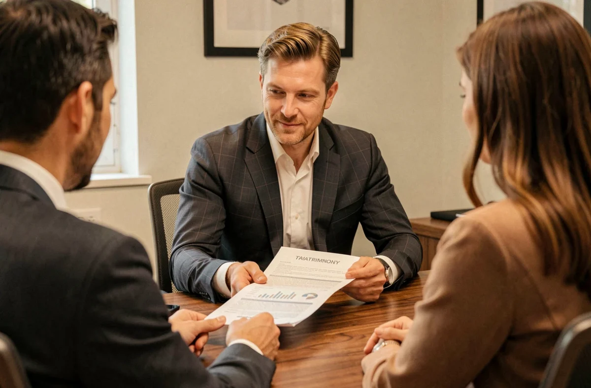 Conseiller de 2B Patrimoine présentant un rapport patrimonial à un couple de clients