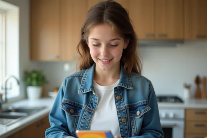 Adolescente tenant une carte bancaire Pixpay et consultant son smartphone dans une cuisine moderne, comparant les options bancaires pour mineurs