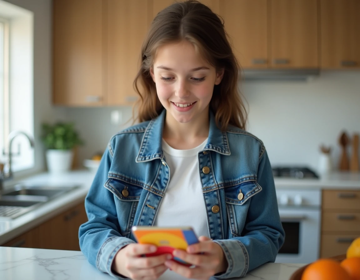 Adolescente tenant une carte bancaire Pixpay et consultant son smartphone dans une cuisine moderne, comparant les options bancaires pour mineurs