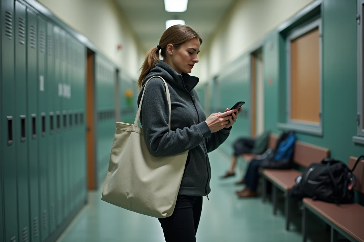 AESH dans un couloir d'école primaire tenant son téléphone entre deux cours