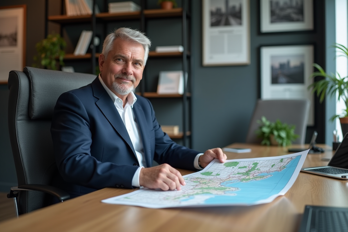 Agent d'assurance en costume bleu examinant une carte de zones sinistrées