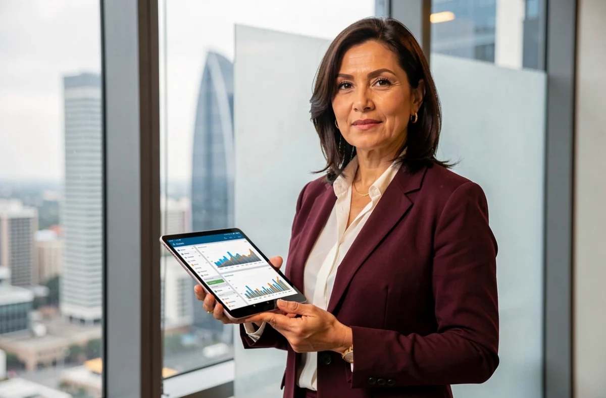 Directrice d'Alliance Capital debout près d'une fenêtre tenant une tablette avec tableau de bord financier