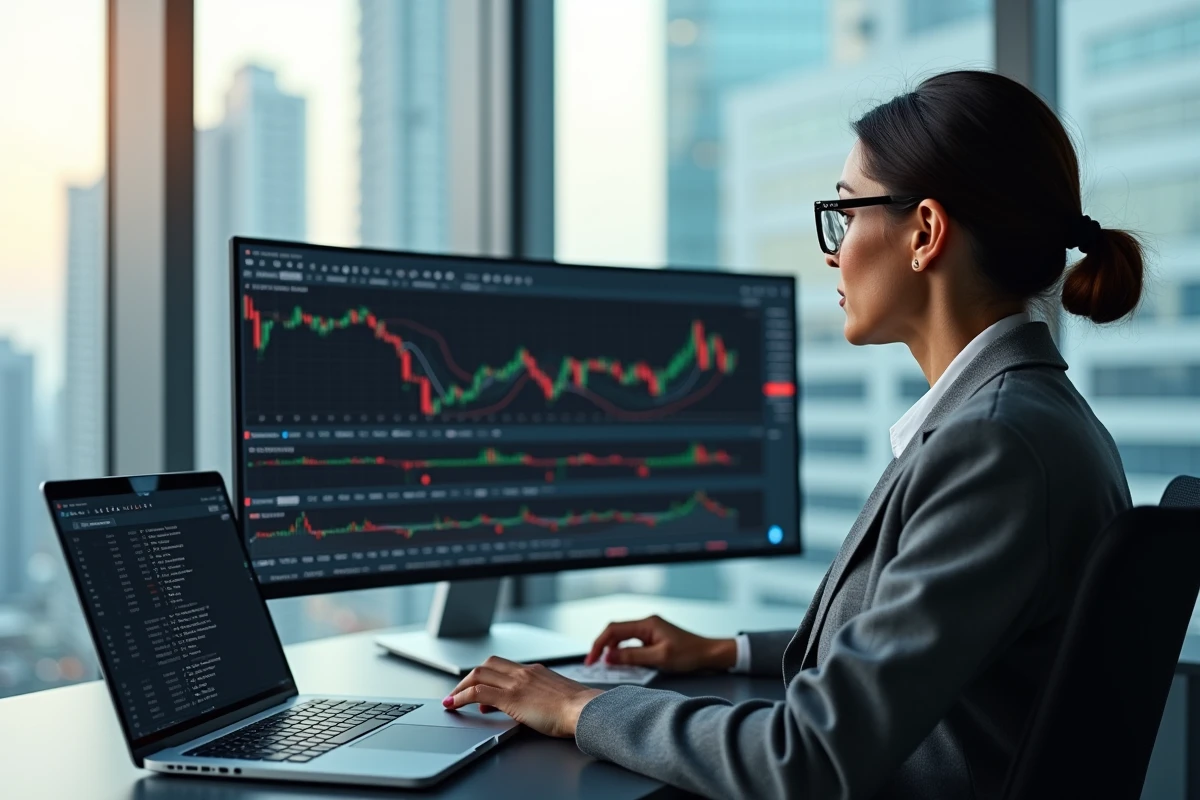 Femme trader professionnelle analysant les performances d'un Expert Advisor MetaTrader dans un bureau moderne avec vue sur la ville