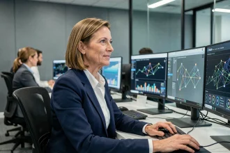 Analyste en cybersécurité travaillant sur des tableaux de bord de surveillance réseau dans un bureau technologique moderne de type Thales