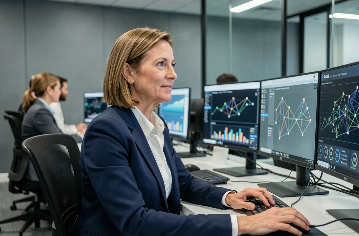 Analyste en cybersécurité travaillant sur des tableaux de bord de surveillance réseau dans un bureau technologique moderne de type Thales