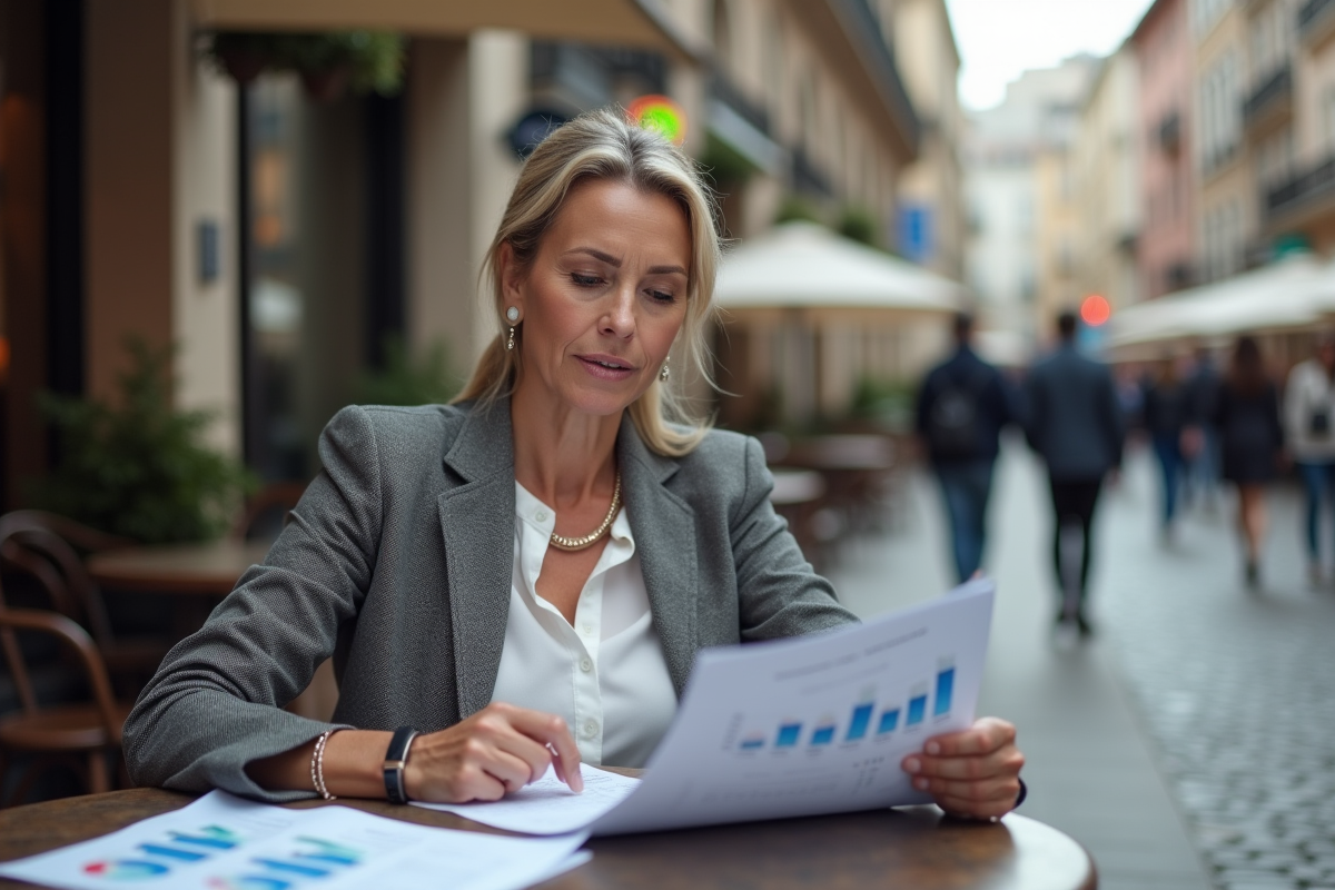 Femme analyste examinant un rapport dans un café en plein air