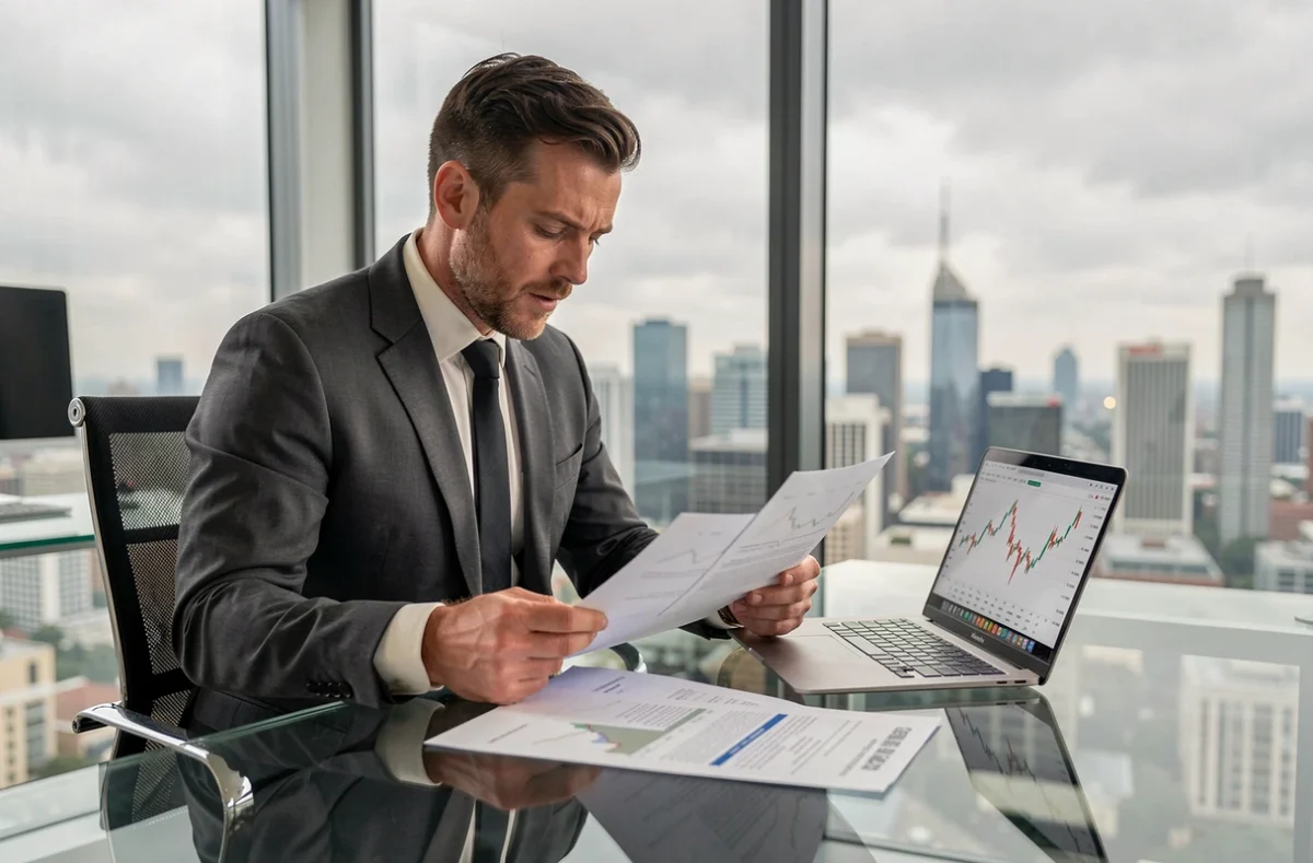 Analyste financier examinant la performance boursière et les contrats de défense de Thales dans un bureau exécutif en hauteur