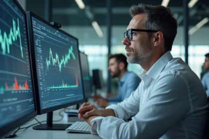 Analyste financier étudiant des graphiques boursiers sur deux écrans dans un bureau moderne, représentant l'analyse des signaux d'achat pour l'action Europlasma en 2026