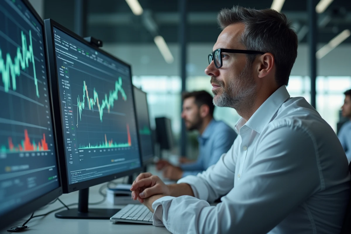 Analyste financier étudiant des graphiques boursiers sur deux écrans dans un bureau moderne, représentant l'analyse des signaux d'achat pour l'action Europlasma en 2026