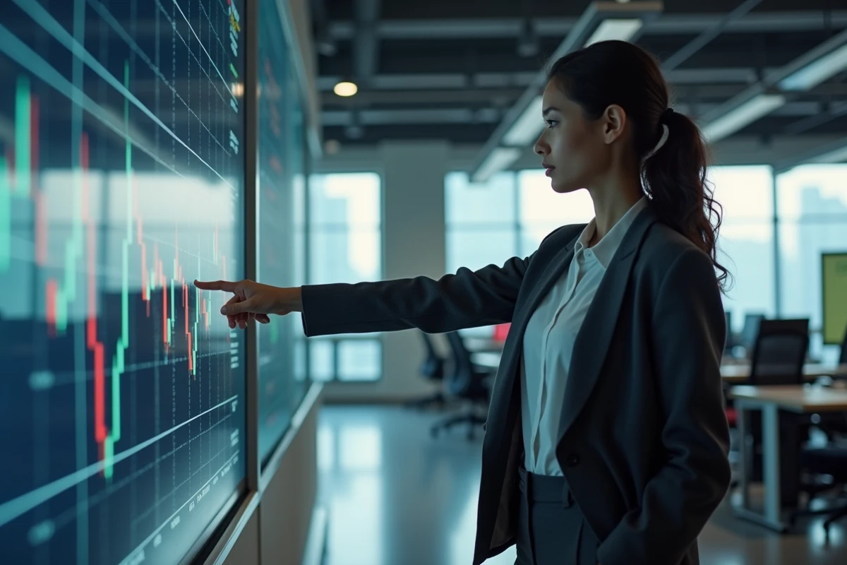Analyste financière présentant les signaux double top et double bottom sur un grand écran dans une salle de trading