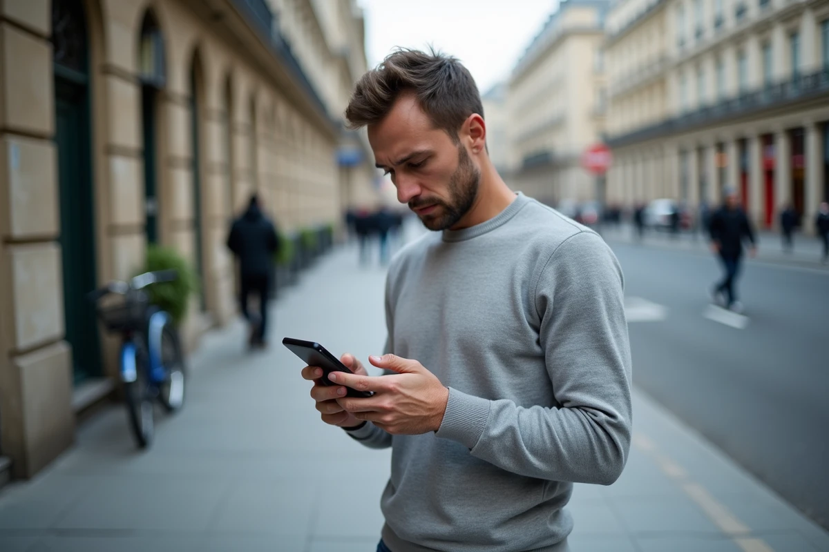 Homme consultant l'application mobile La Banque Postale dans la rue pour contacter le service client