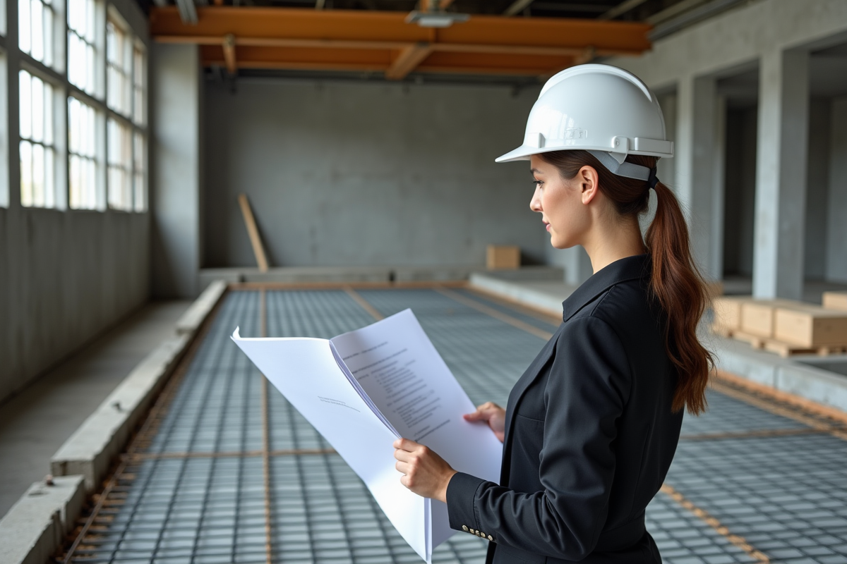 Jeune architecte vérifiant des plans dans un bâtiment en construction