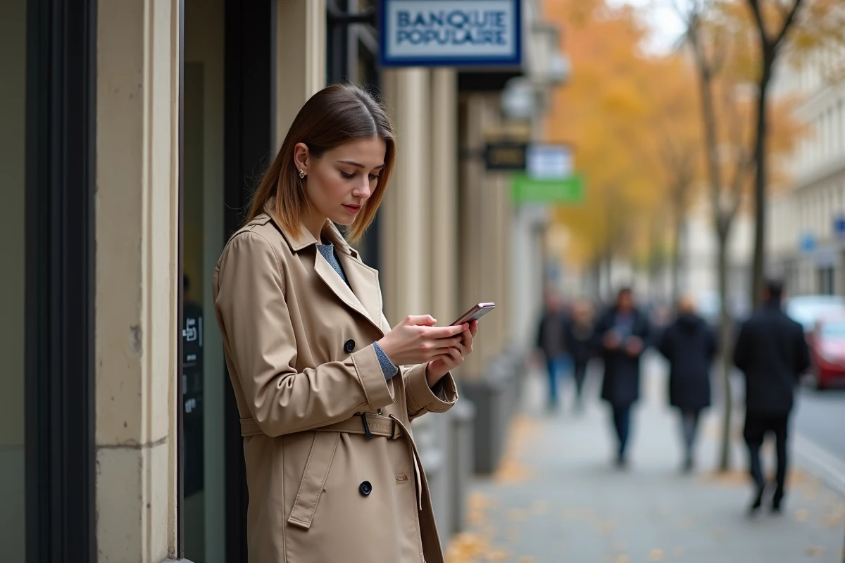 Femme consultant l'assistance en ligne Rives de Paris Banque Populaire sur smartphone devant une agence