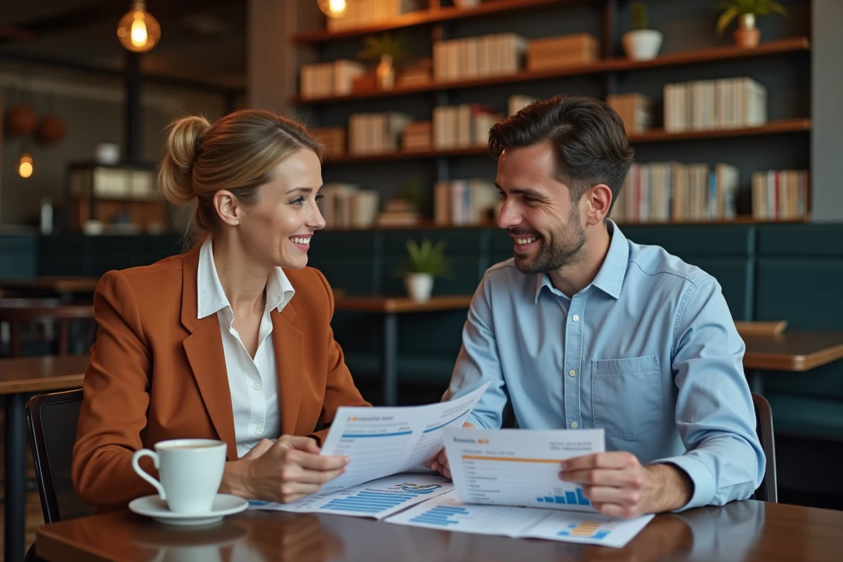 Deux associés comparant les offres de néobanques professionnelles autour d'une table dans un café urbain