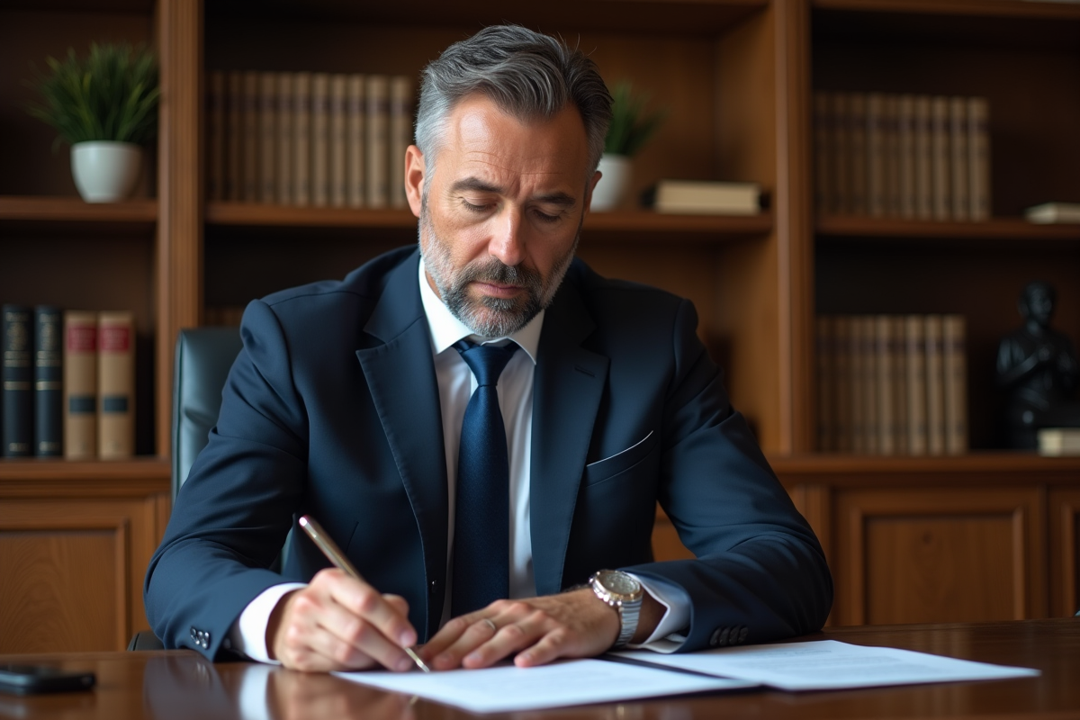 Avocat en costume bleu examinant des documents juridiques