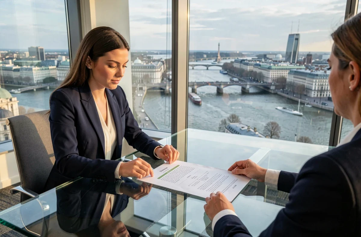 Gestionnaire d'Az Wealth Management en consultation avec vue panoramique sur la Seine