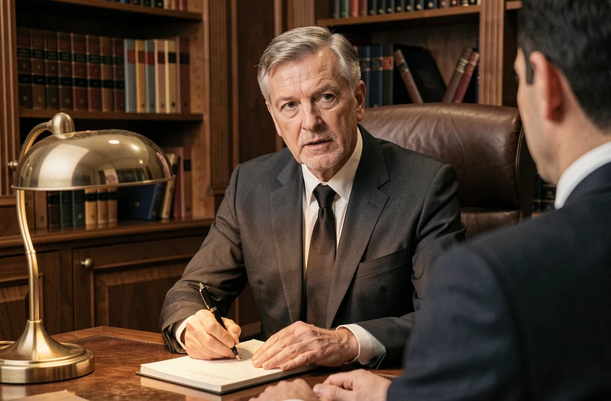 Conseiller senior de Balzac Gestion Privée dans un bureau boisé de style banque privée classique