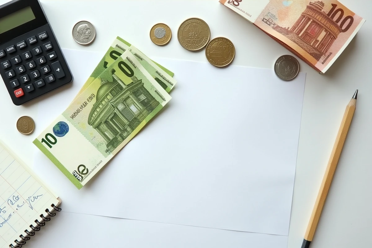 Vue aérienne de billets de 100 francs suisses posés à côté de billets et pièces en euros sur un bureau blanc avec une calculatrice et des notes de conversion