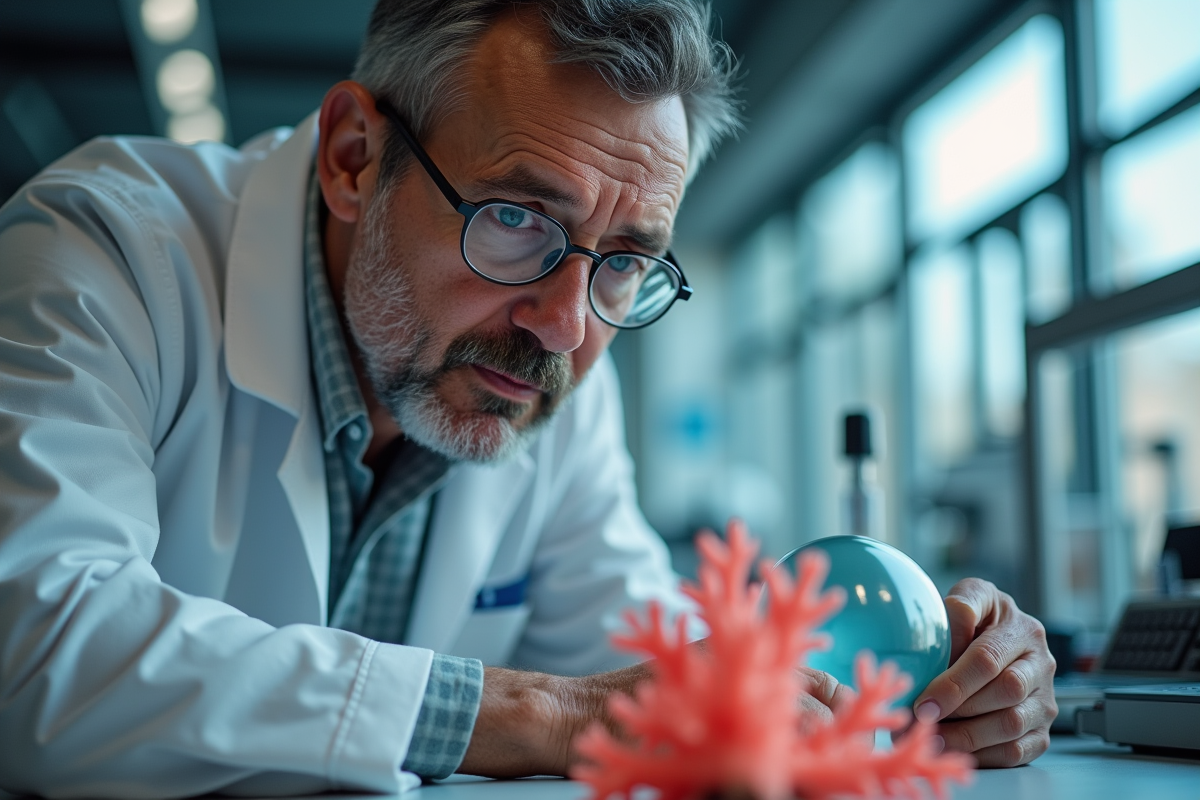 Biologiste marin examinant un fragment de corail rouge en laboratoire