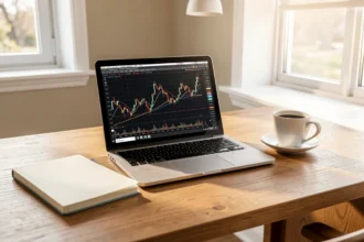 Bureau avec ordinateur affichant un graphique financier