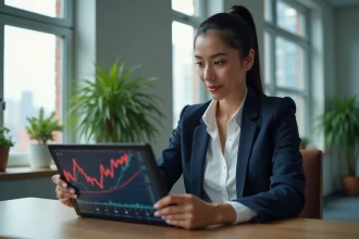 Femme d'affaires regardant des graphiques crypto sur tablette