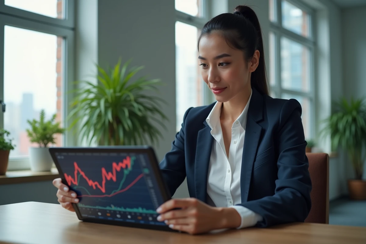 Femme d'affaires regardant des graphiques crypto sur tablette