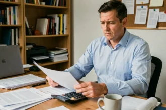 Homme consultant des documents administratifs sur son bureau pour calculer ses droits au chômage et la durée d'indemnisation