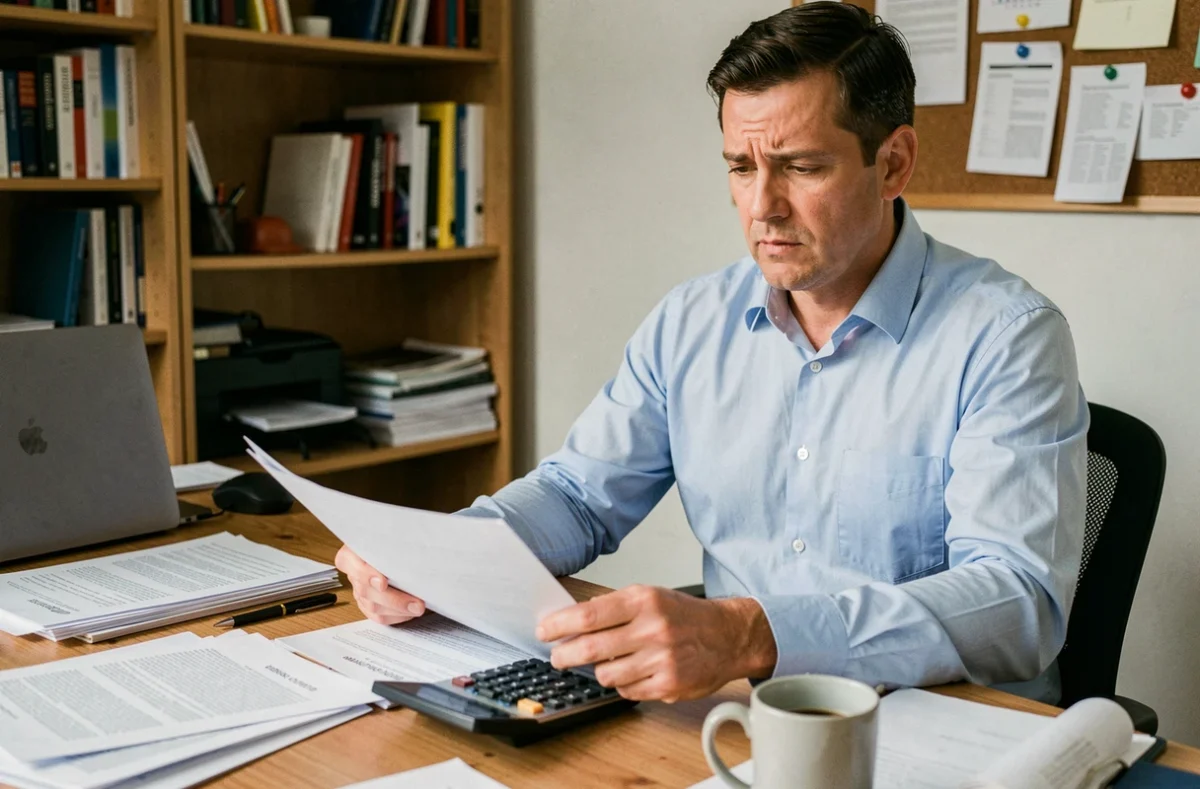 Homme consultant des documents administratifs sur son bureau pour calculer ses droits au chômage et la durée d'indemnisation