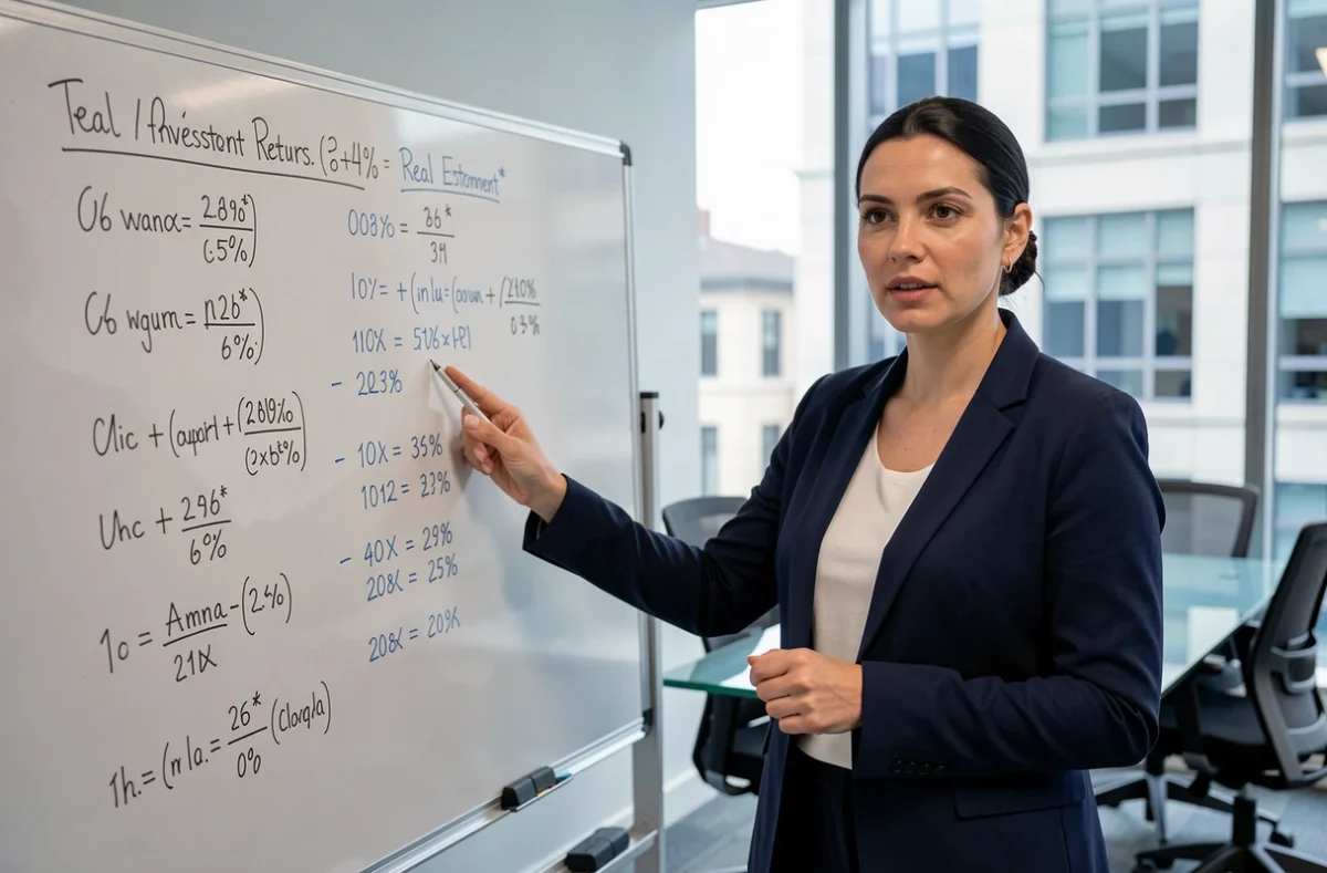 Femme expliquant le calcul de rendement SCPI devant un tableau blanc avec formules et pourcentages immobiliers