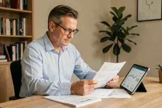 Homme consultant des documents de calcul de rendement SCPI sur bureau en bois avec tablette affichant des graphiques financiers
