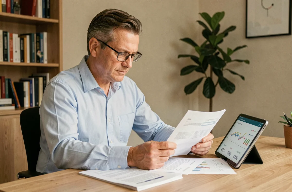 Homme consultant des documents de calcul de rendement SCPI sur bureau en bois avec tablette affichant des graphiques financiers