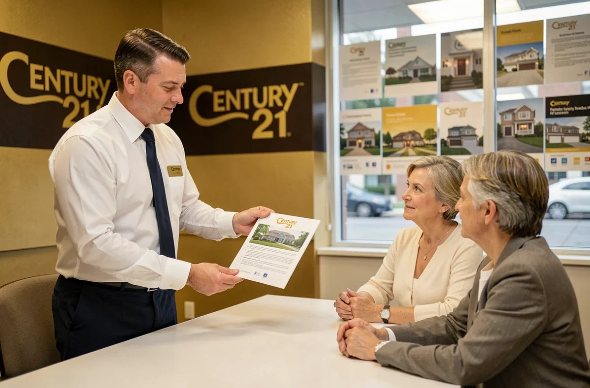 Agent Century 21 présentant un dossier d'investissement locatif à des clients dans une agence du Pas-de-Calais