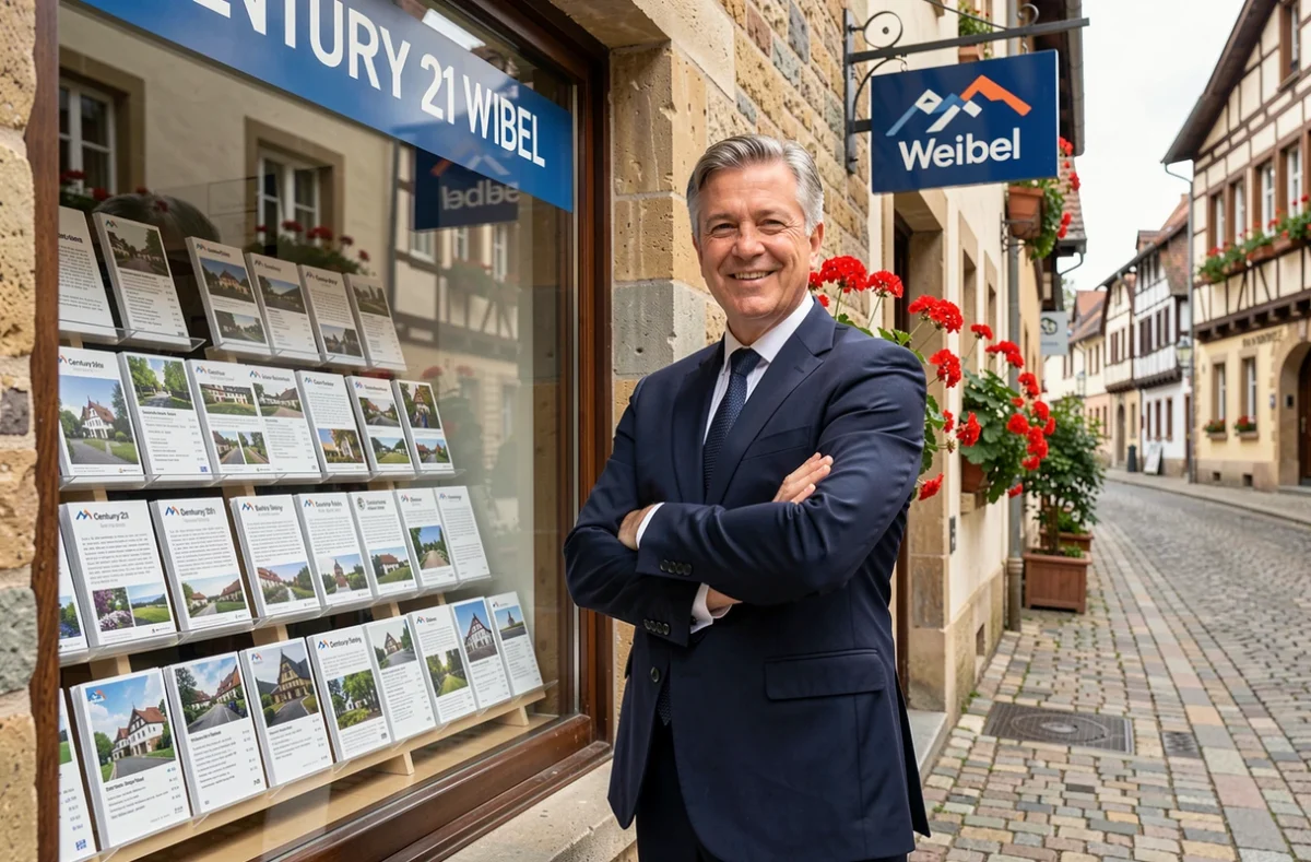 Agent Century 21 Immobilière Weibel devant la vitrine de l'agence avec des annonces du Bas-Rhin