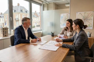 Conseiller en investissement locatif présentant des projets immobiliers à des clients dans un bureau moderne du Pas-de-Calais