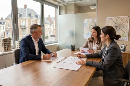 Conseiller en investissement locatif présentant des projets immobiliers à des clients dans un bureau moderne du Pas-de-Calais
