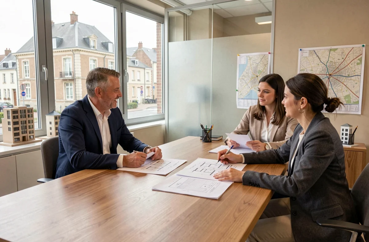 Conseiller en investissement locatif présentant des projets immobiliers à des clients dans un bureau moderne du Pas-de-Calais