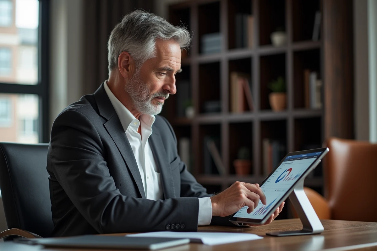 Client de banque privée BNP consultant ses indicateurs clés et relevés de compte sur tablette depuis son bureau à domicile
