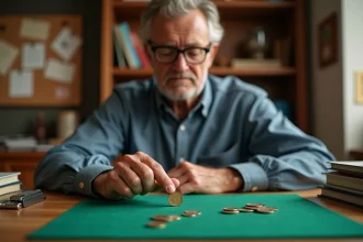 Collectionneur examinant une pièce d'un euro rare avec une loupe sur un bureau en bois entouré de catalogues numismatiques