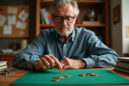 Collectionneur examinant une pièce d'un euro rare avec une loupe sur un bureau en bois entouré de catalogues numismatiques