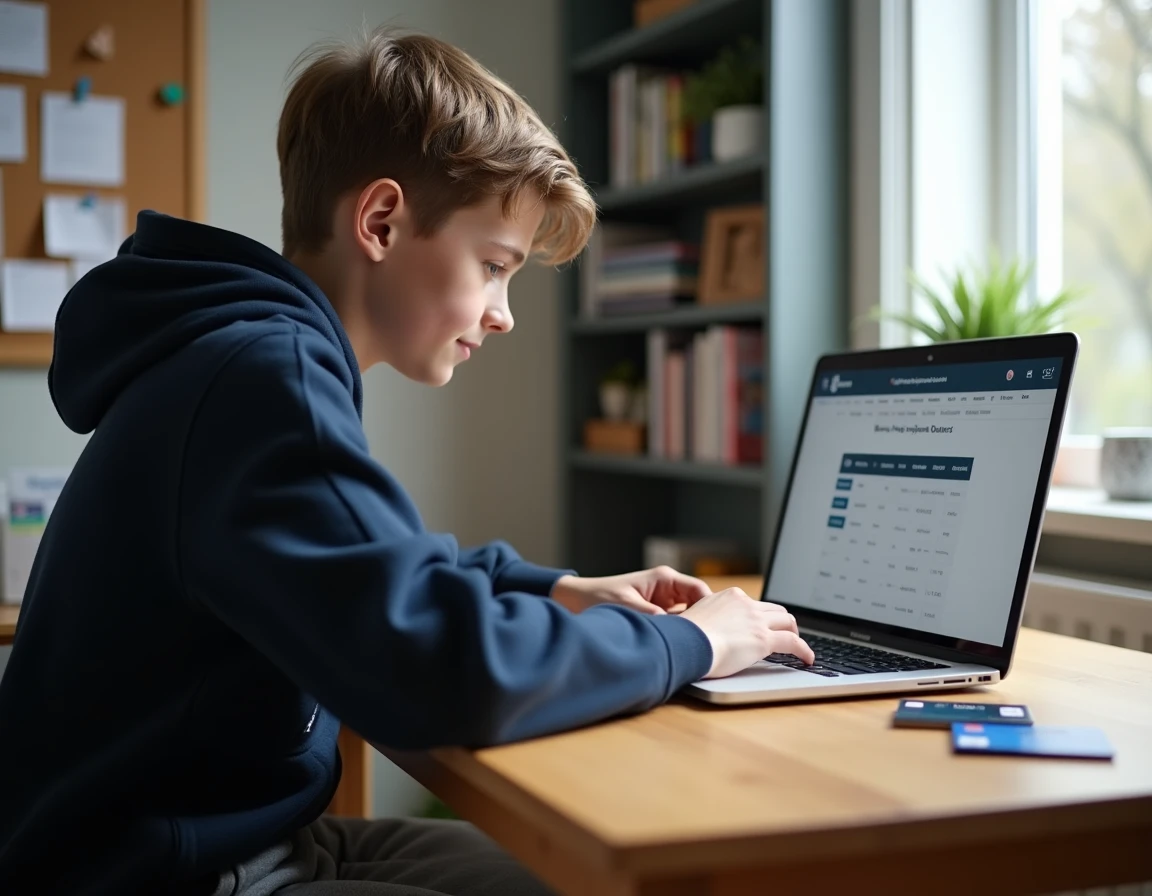 Adolescent comparant une carte Pixpay et une carte bancaire traditionnelle pour mineur sur un bureau avec un ordinateur portable ouvert