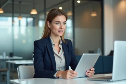 Conseillère bancaire Banque Populaire aidant un client en agence avec une tablette numérique