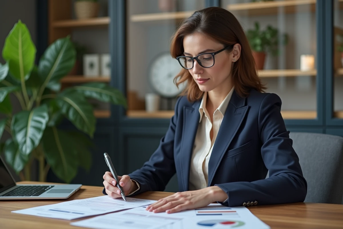 Conseillère en banque privée BNP analysant des relevés de compte et des indicateurs financiers dans un bureau moderne