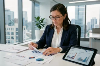 Conseillère financière analysant des comparatifs de SCPI sur tablette et documents imprimés dans un bureau moderne