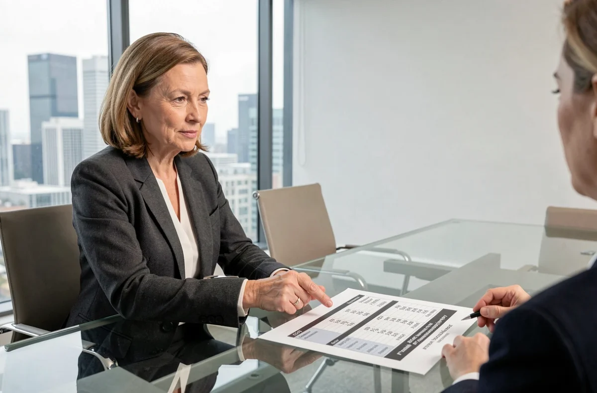 Conseillère financière expliquant la déclaration IFI des parts SCPI à un client dans un bureau moderne