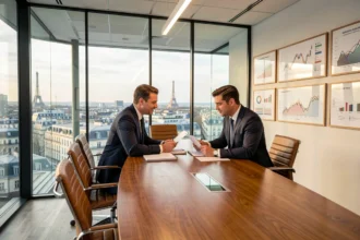 Bureau de gestion de patrimoine moderne dans les Hauts-de-Seine avec vue sur La Défense