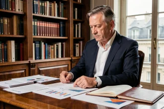 Homme d'affaires senior consultant examinant des documents financiers dans un bureau parisien élégant, illustration article salaire revenus 2026