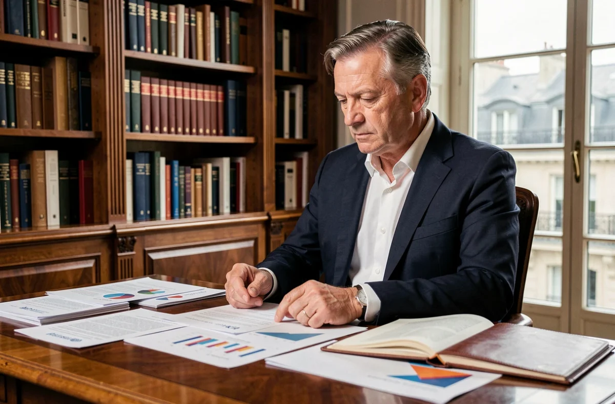 Homme d'affaires senior consultant examinant des documents financiers dans un bureau parisien élégant, illustration article salaire revenus 2026