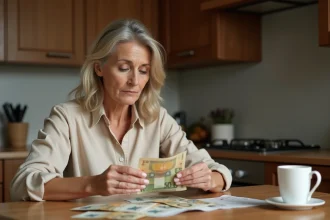 Femme examinant des billets de francs suisses et d'euros sur une table en bois pour comparer leur valeur de change