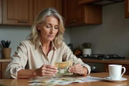 Femme examinant des billets de francs suisses et d'euros sur une table en bois pour comparer leur valeur de change