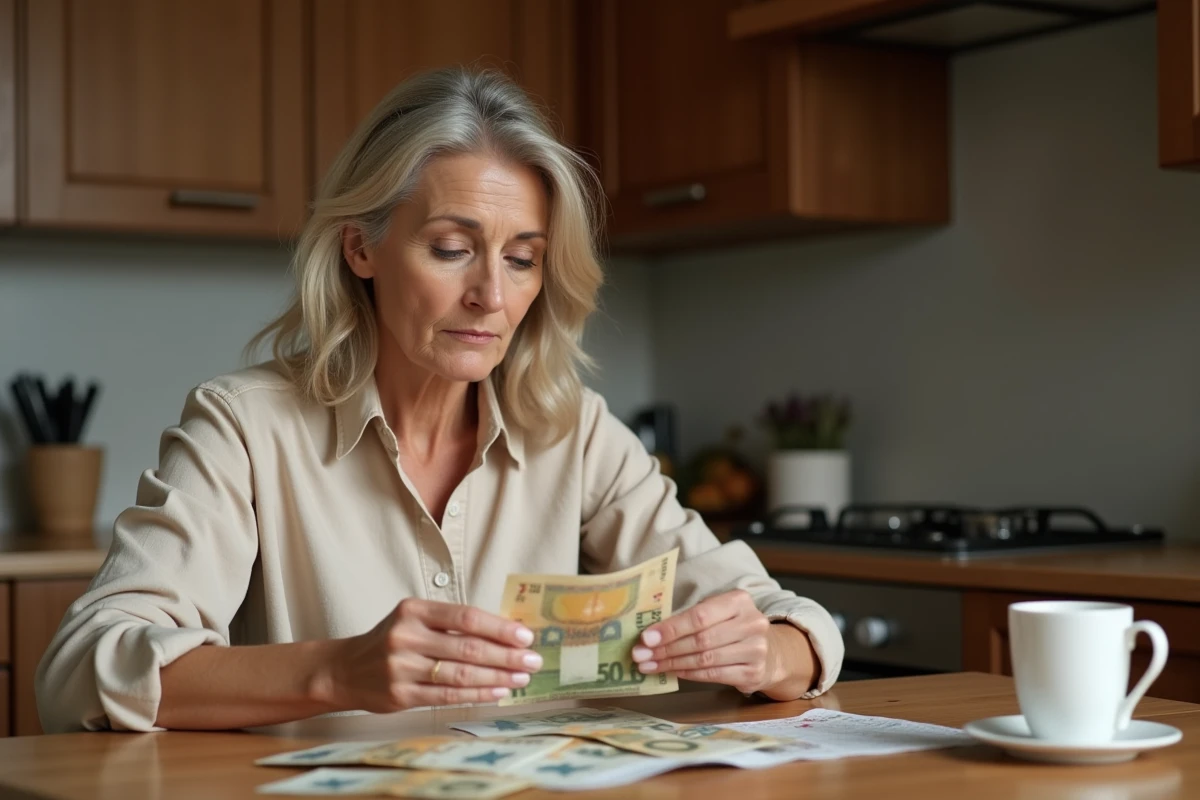 Femme examinant des billets de francs suisses et d'euros sur une table en bois pour comparer leur valeur de change